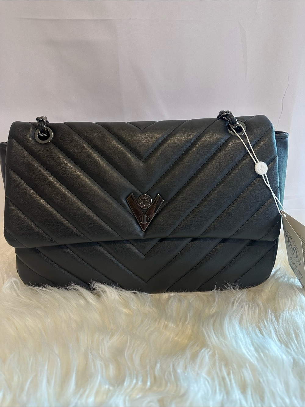 Valentino Orlandi Black Quilted Chevron Leather Shoulder Bag with Chain